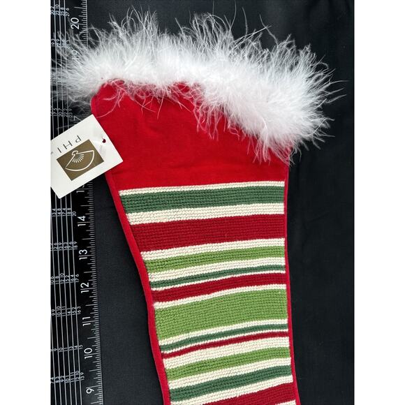 Peking Handicraft Embroidered Christmas Stocking Elf Shoe Red Green Stripes - Picture 9 of 11